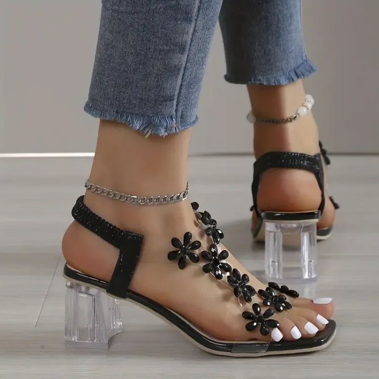Sandaler med blockklack, blomma och strass för kvinnor
